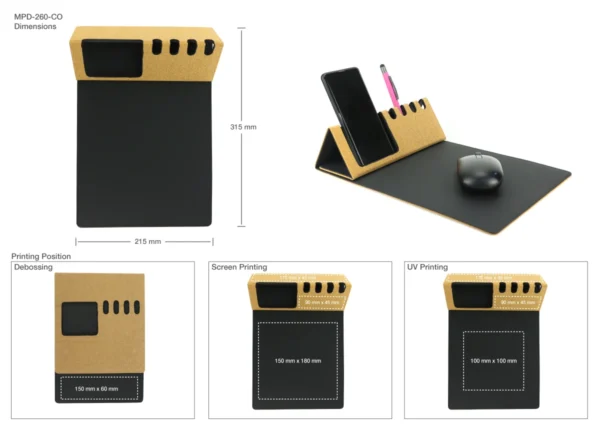 Foldable Cork+PU Mousepad with Mobile & Pen Holder