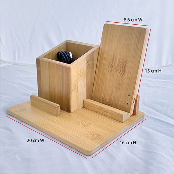 HM W99 BAMBOO QI FAST WIRELESS CHARGER PAD WITH STATIONARY ORGANIZER
